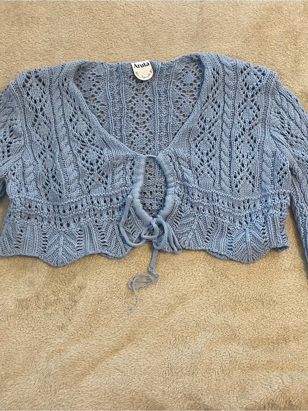 ARULA Light Blue Cropped Tie-Front Knit Cardigan